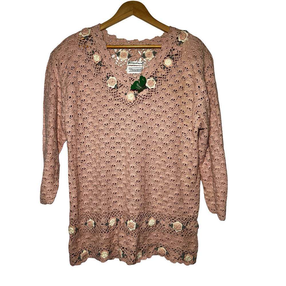 Shenanigans Sweater Womens Medium Crochet Floral Knit Boho Pullover Handmade
